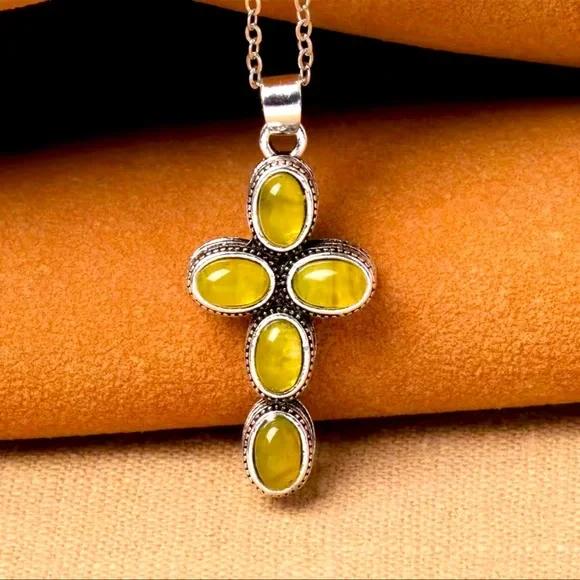 New Artisan Crafted Tanzanian Natural Canary Opal Cross Sterling Silver 2.00ct - Picture 3 of 9
